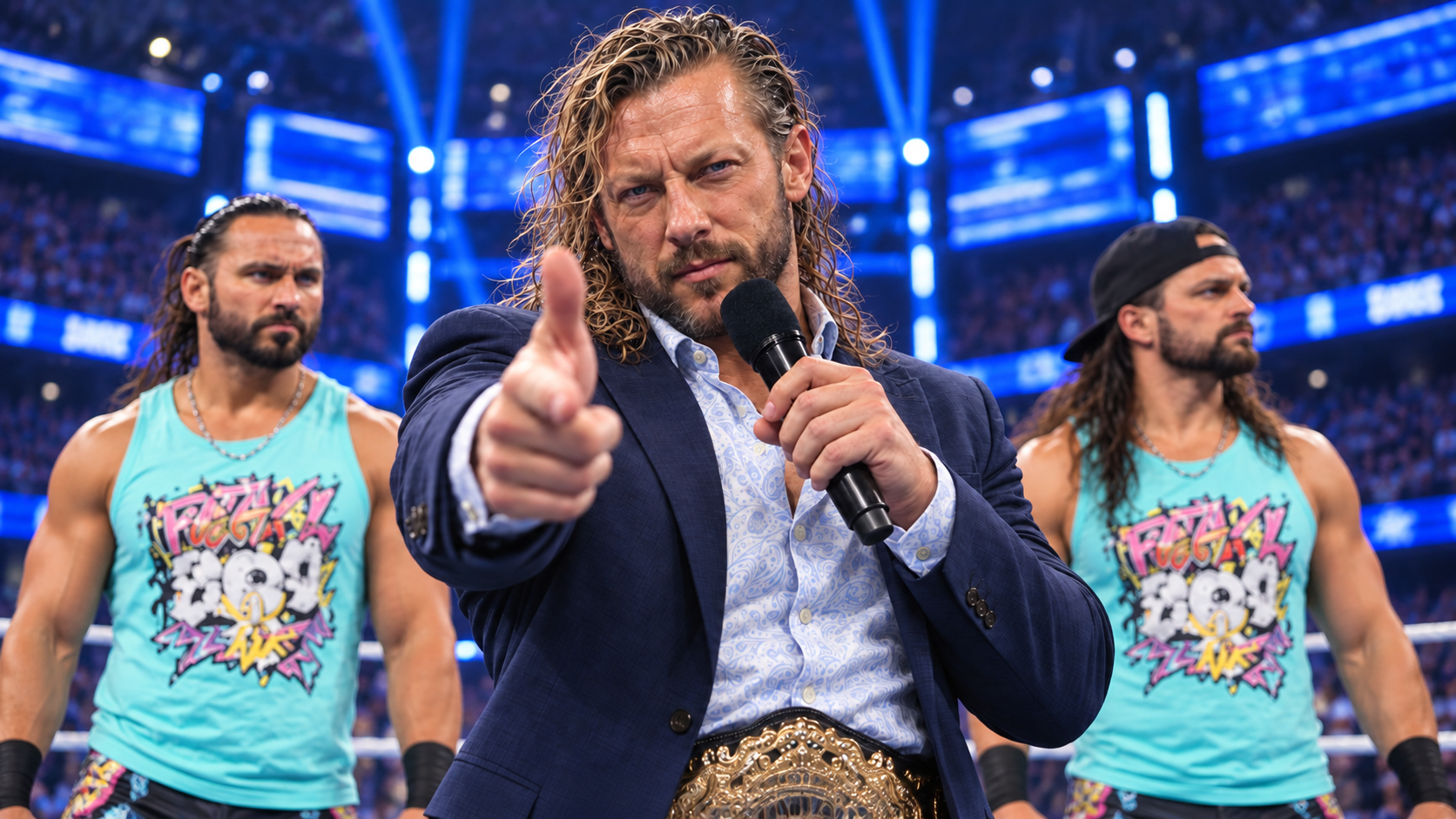Wrestling-Promo mit Fingerpistole im blauen Arena-Licht.png